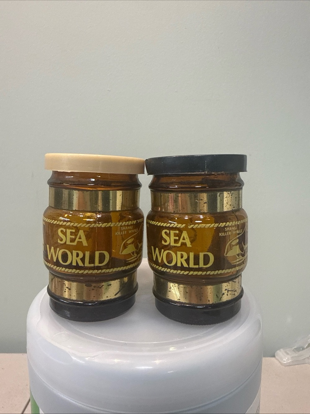 VINTAGE SEA WORLD SALT & PEPPER GLASS MUG SHAPED